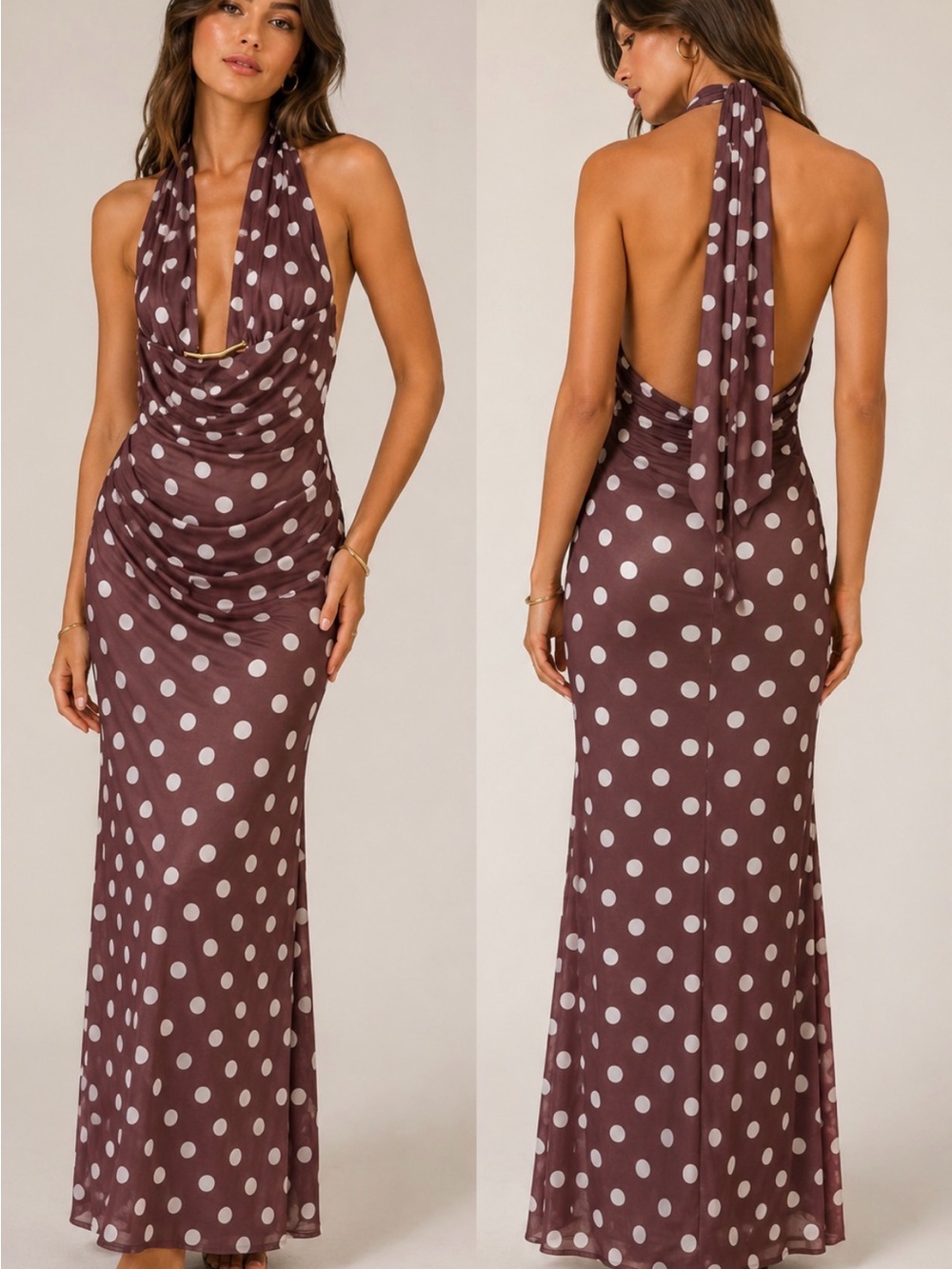 Caroline Constas Polka Dot Halter Ruched Maxi Dress Brown White NWT XS